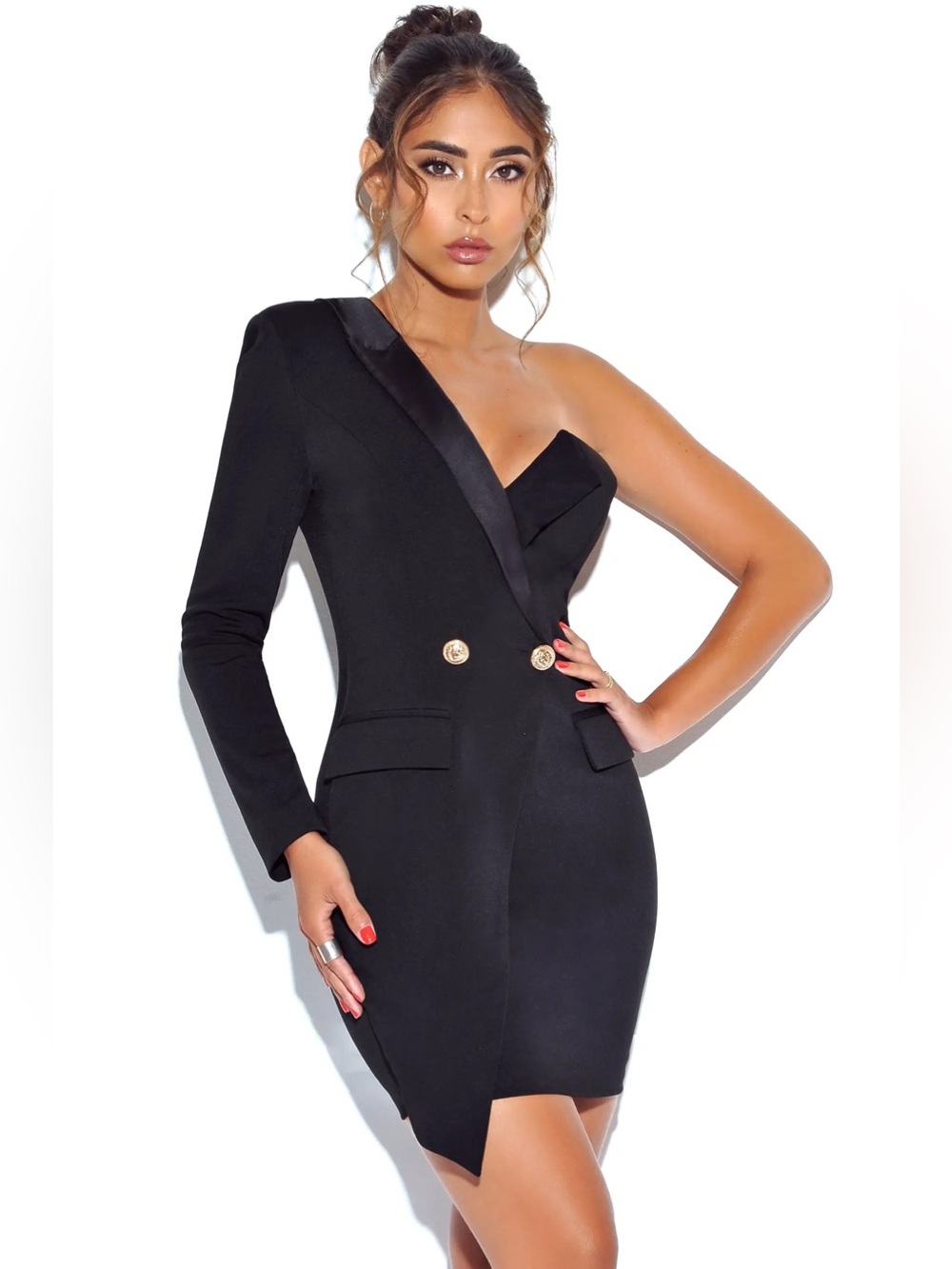 Miss Circle Keep One Up Crepe One-Shoulder Black Blazer Dress - Picture 2 of 7